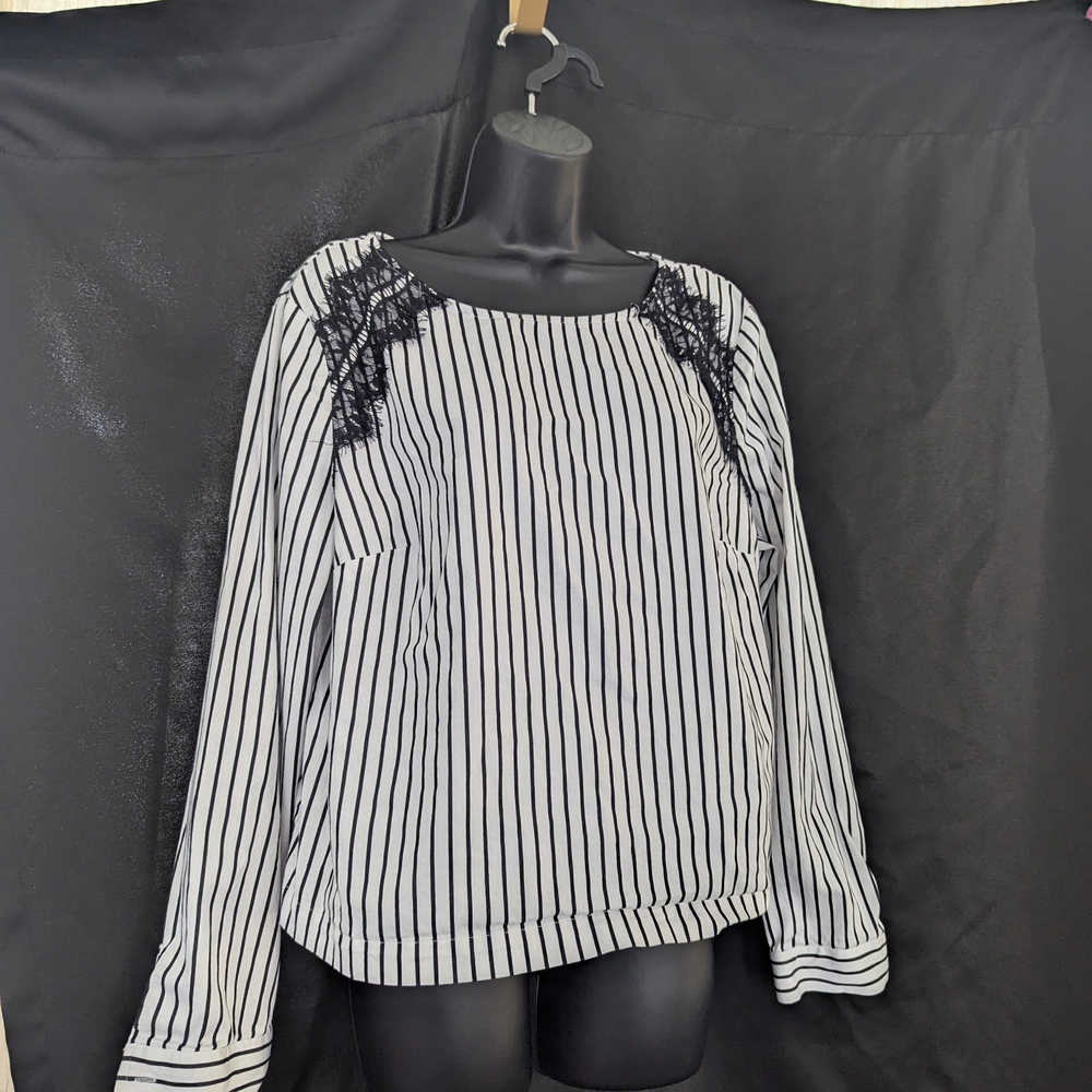 The Limited Black and White Striped Blouse with Lace - XL